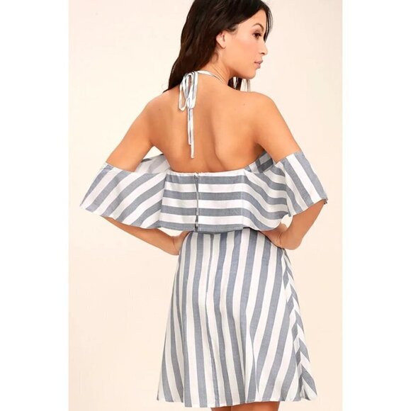 Lulu's The Wind is Right Blue and White Striped Off-the-Shoulder Dress XL - Picture 2 of 5